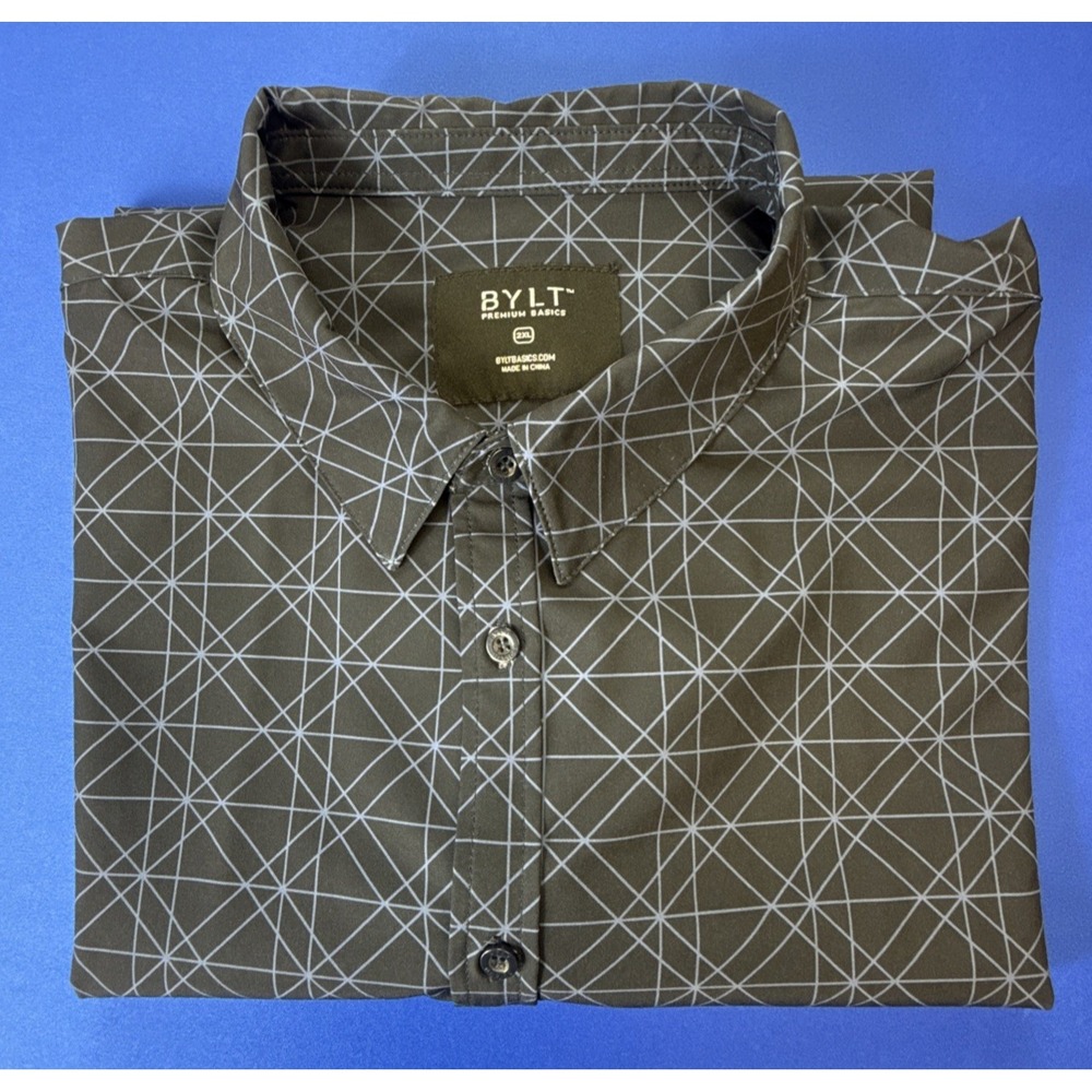 BYLT Premium Basics Mens 2XL Geometric Blue Button Up Short Sleeve Stretch